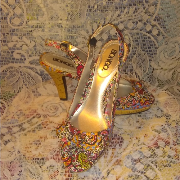 NWOT Bongo Paisley Slingback Heels with Peep Toes - Picture 3 of 7